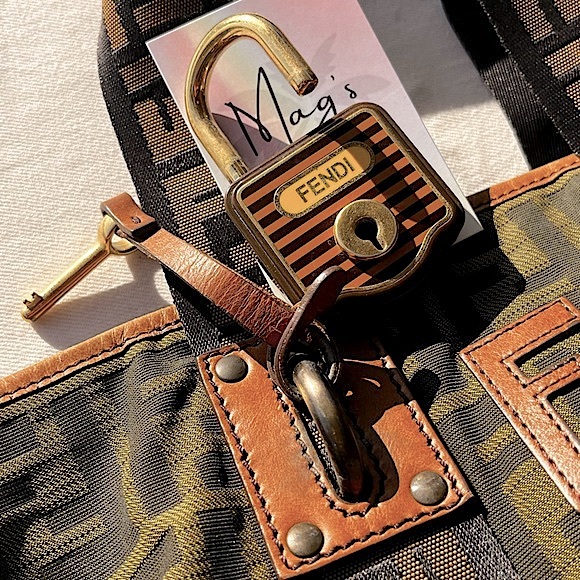 Fendi: Mini Padlock & Key Zucca FF Monogram Nylon Leather Brown Tote Bag *RARE* - Picture 6 of 17